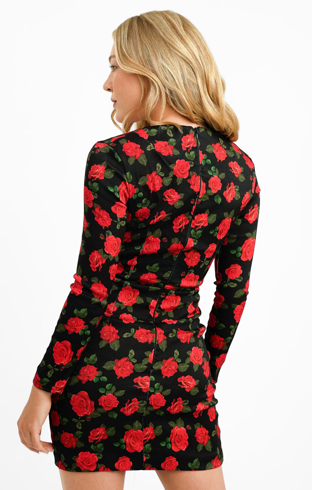 True Violet Square Neck Mini Dress In Bold Red Rose Print