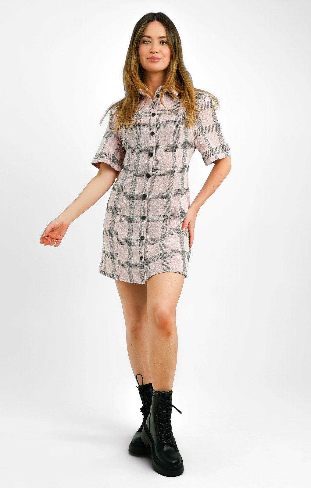 ASOS DESIGN Petite Boucle Mini Shirt Dress In Pink Check