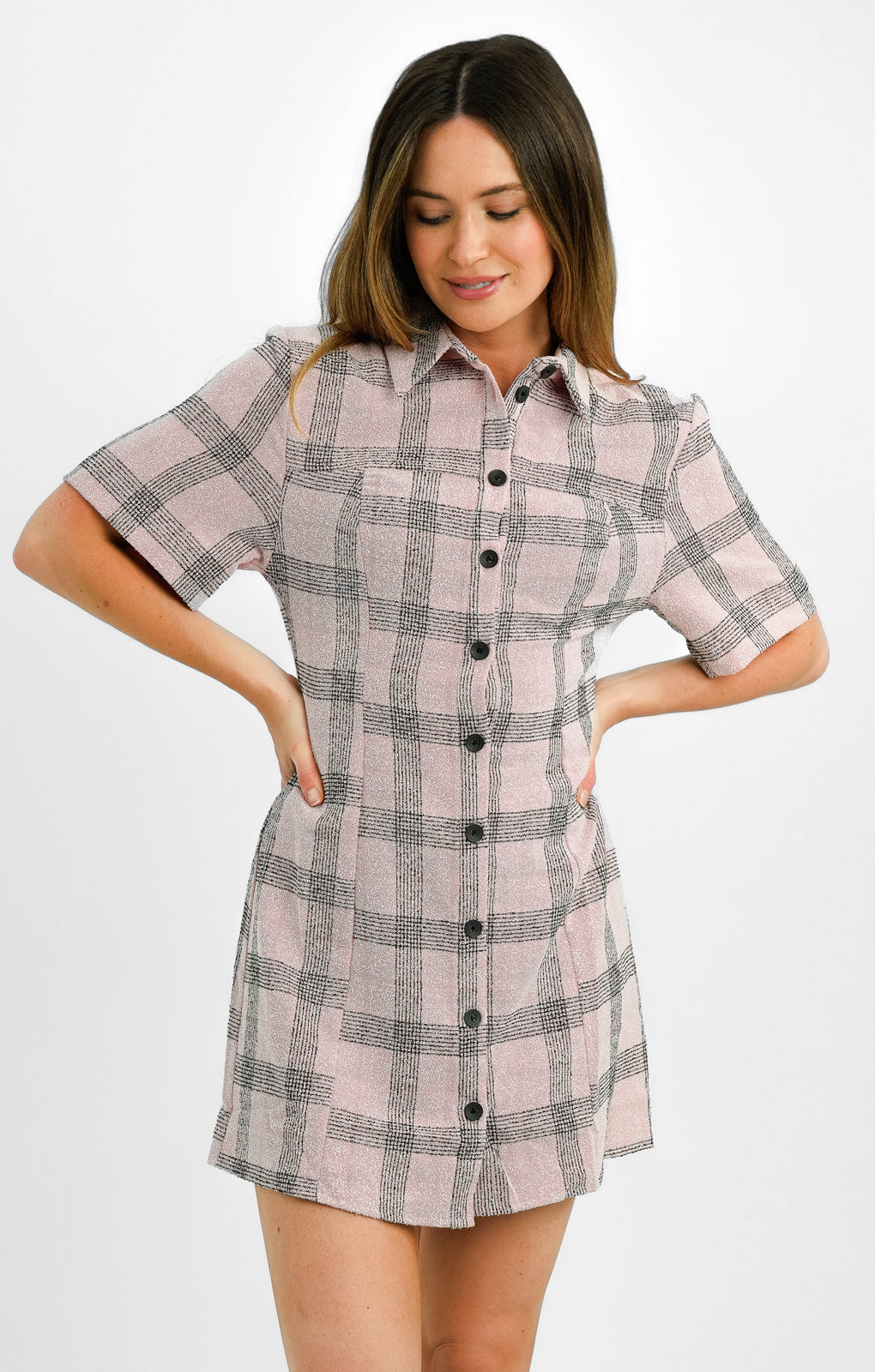 ASOS DESIGN Petite Boucle Mini Shirt Dress In Pink Check