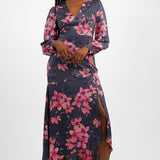 Liquorish Satin Maxi Dress With Split In Pink And Dark Grey Floral