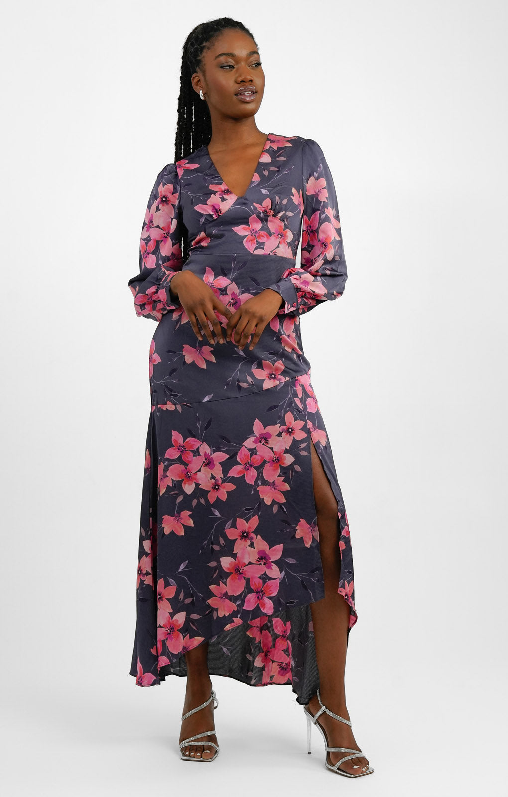 Liquorish Satin Maxi Dress With Split In Pink And Dark Grey Floral