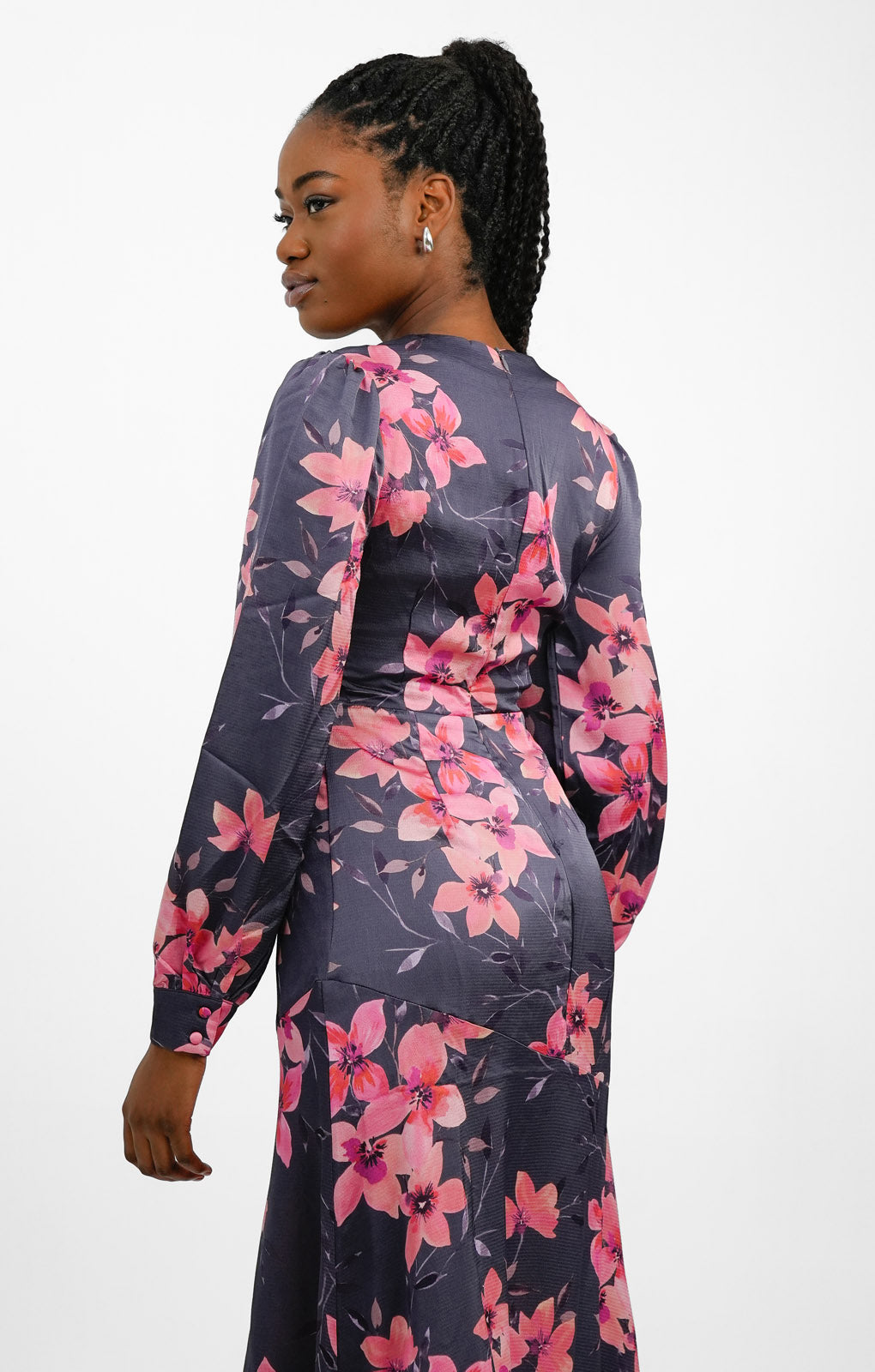 Liquorish Satin Maxi Dress With Split In Pink And Dark Grey Floral