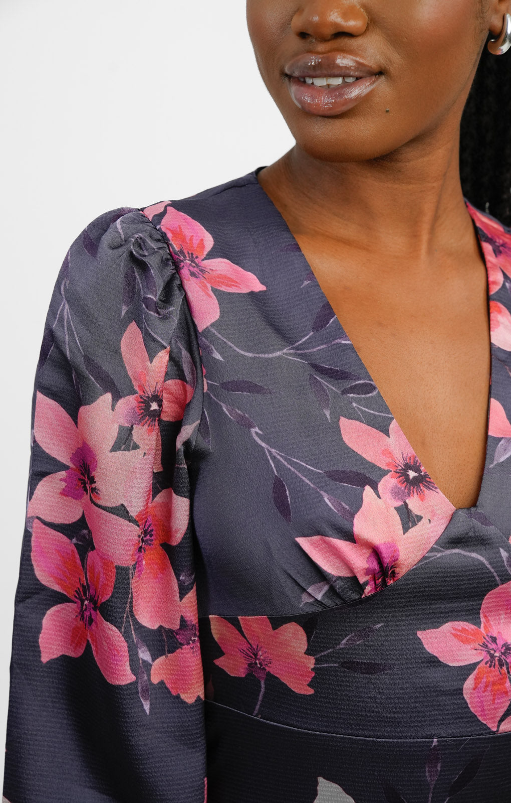 Liquorish Satin Maxi Dress With Split In Pink And Dark Grey Floral