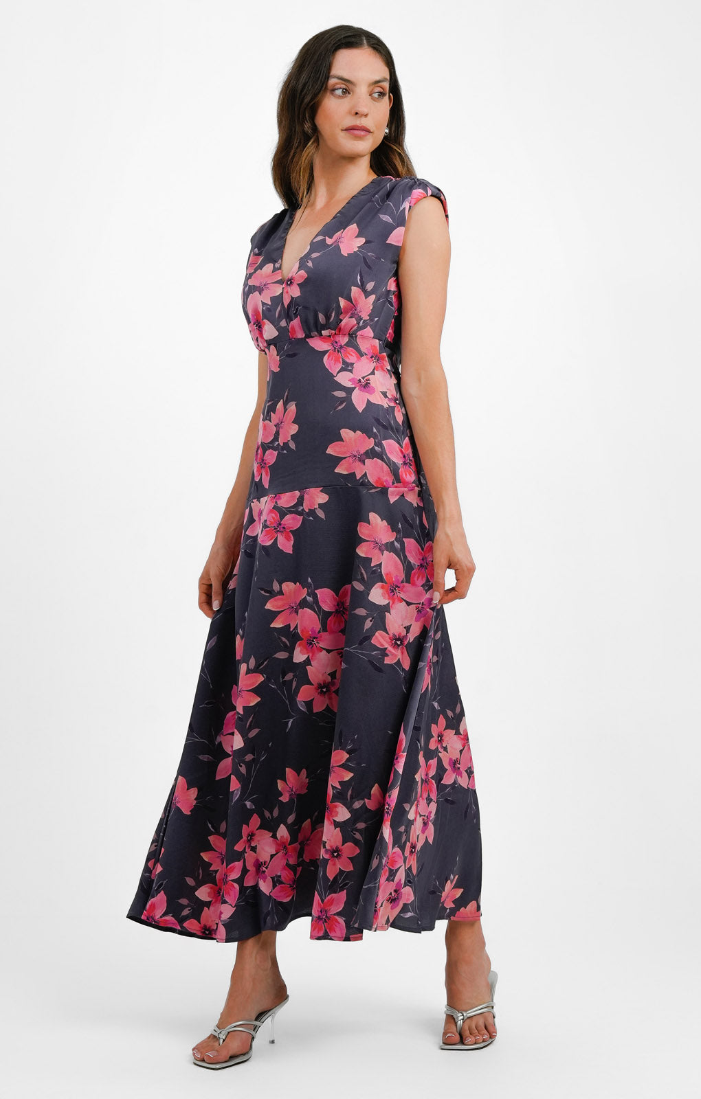 Liquorish Plunge Front Maxi Dress In Scattered Dark Grey Floral