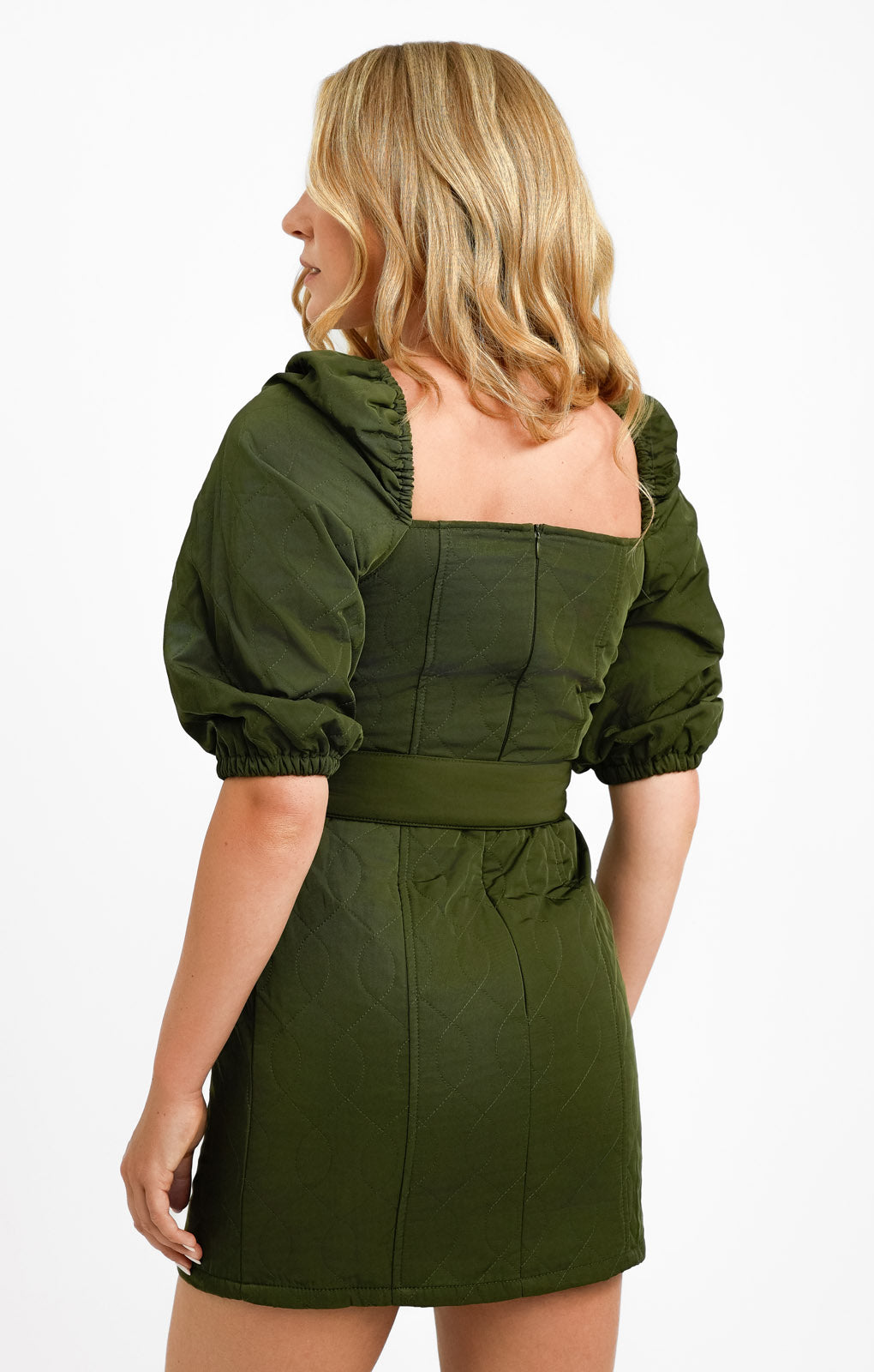 ASOS DESIGN Nylon Quilted Belted Mini Dress In Khaki