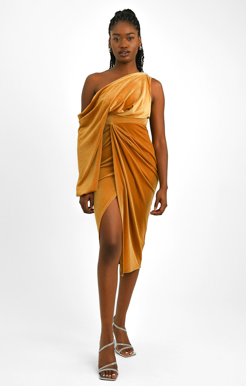 ASOS DESIGN Velvet One Shoulder Draped Midi Dress In Mustard