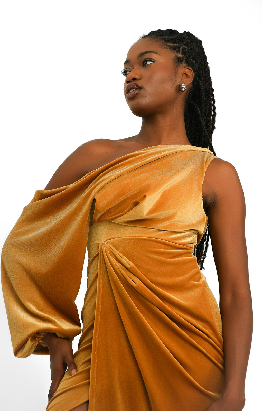 ASOS DESIGN Velvet One Shoulder Draped Midi Dress In Mustard