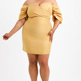 ASOS DESIGN Curve Washed Pleated Off Shoulder Mini Dress With Wrap Bust Detail In Stone