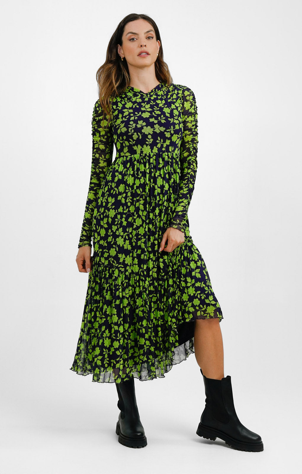 Whistles Long Sleeve Ruched Maxi Dress In Mesh Floral
