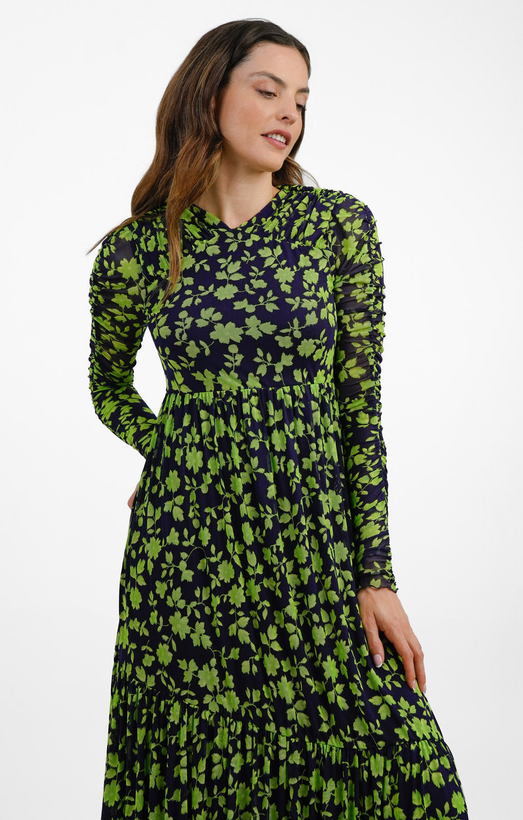 Whistles Long Sleeve Ruched Maxi Dress In Mesh Floral