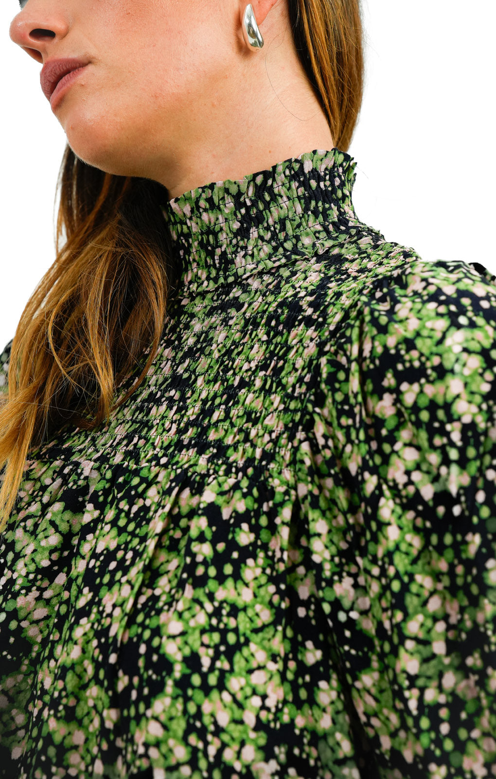 Whistles Shirred Smock Dress In Green And Pink Smudge