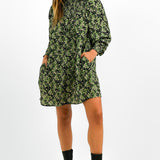 Whistles Shirred Smock Dress In Green And Pink Smudge