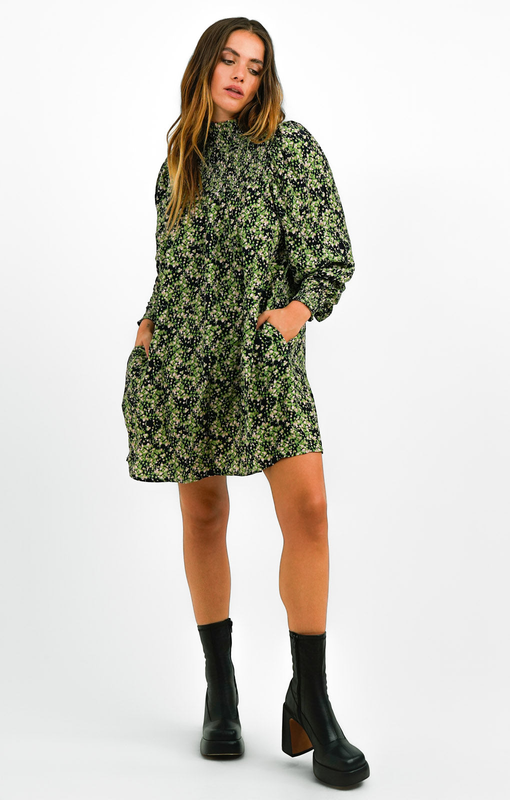 Whistles Shirred Smock Dress In Green And Pink Smudge