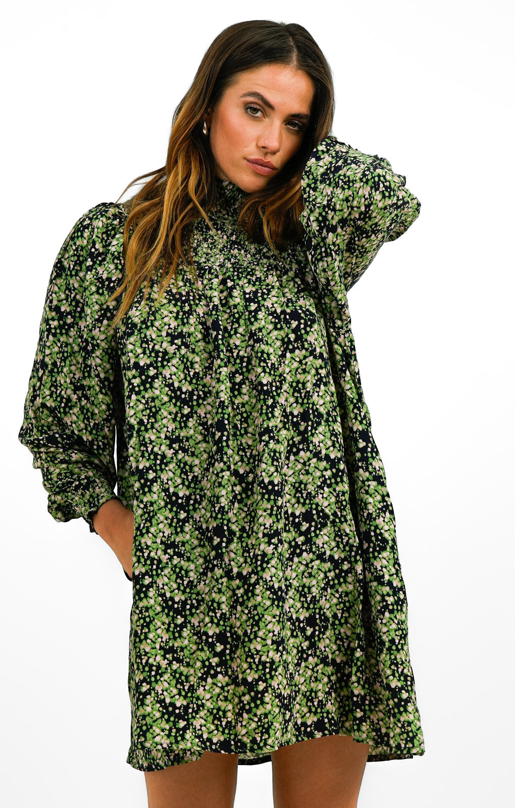 Whistles Shirred Smock Dress In Green And Pink Smudge