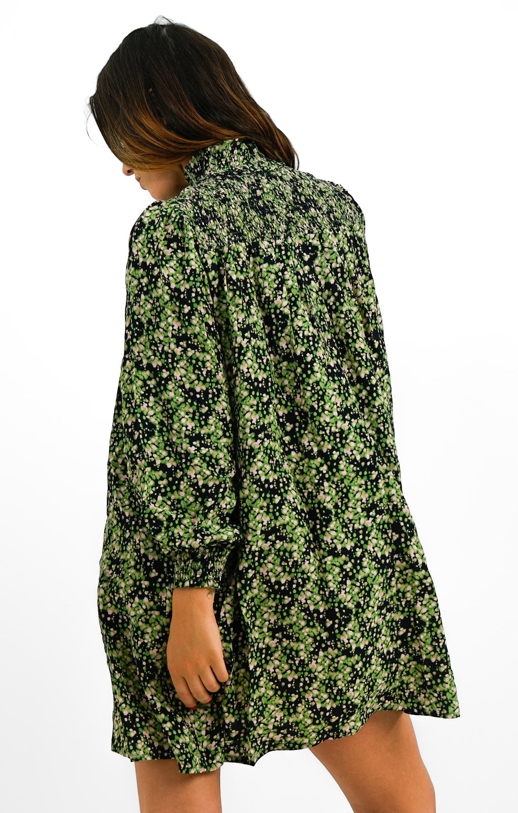 Whistles Shirred Smock Dress In Green And Pink Smudge