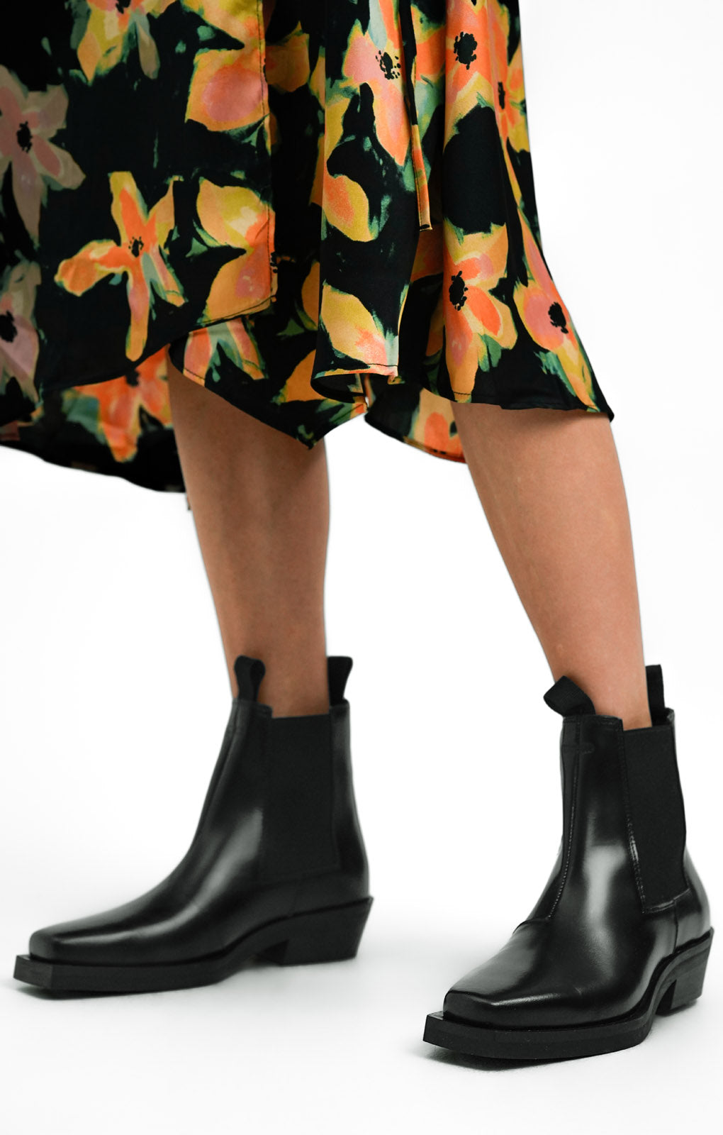 Leather Square Toe Western Biker Boots In Black