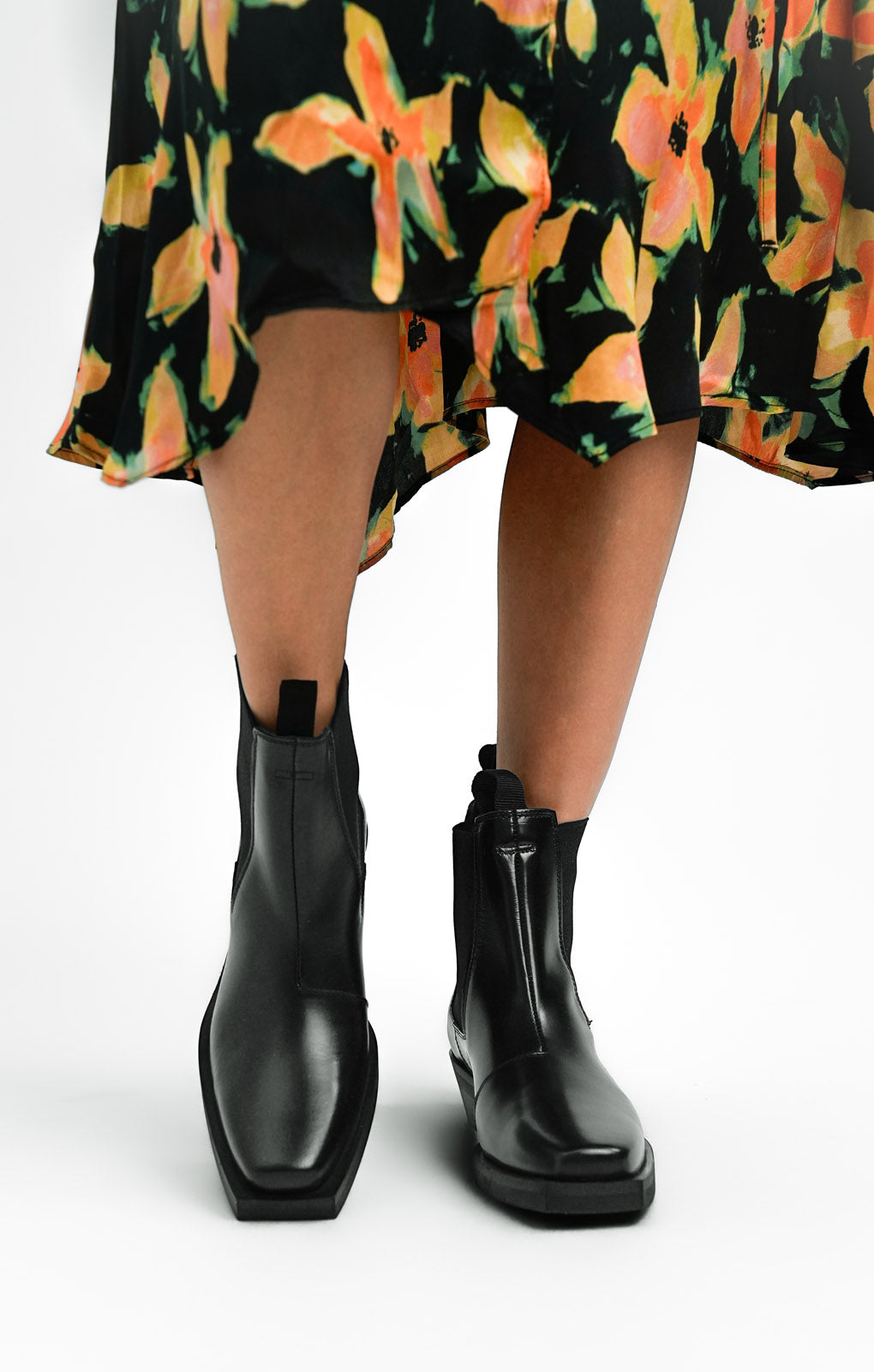 Leather Square Toe Western Biker Boots In Black