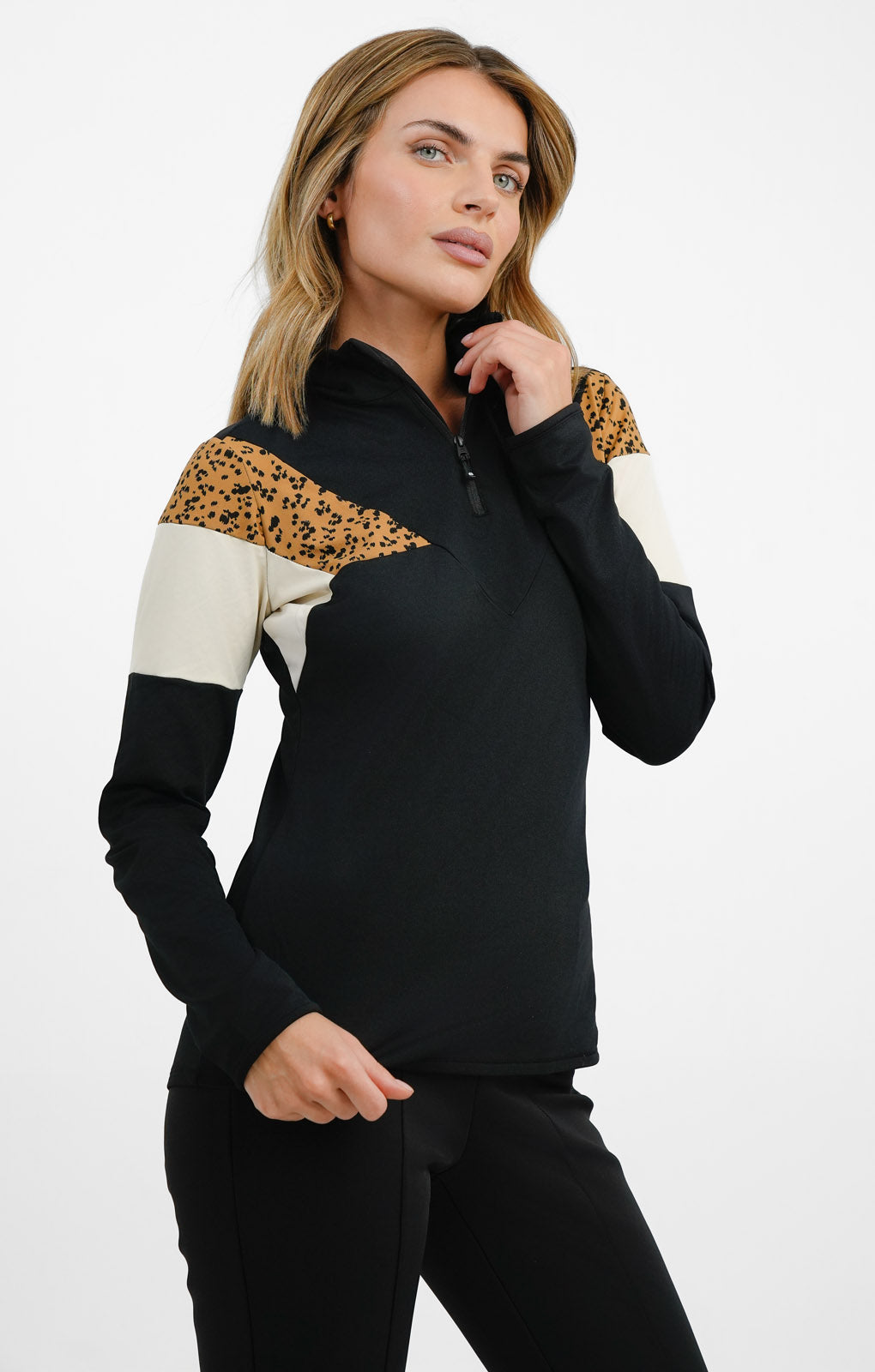 Protest Yingsa 1/4 Zip Top In Colourblock Black Leopard White