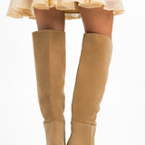 Pimkie Faux Suede Block Heel High Leg Boot In Beige