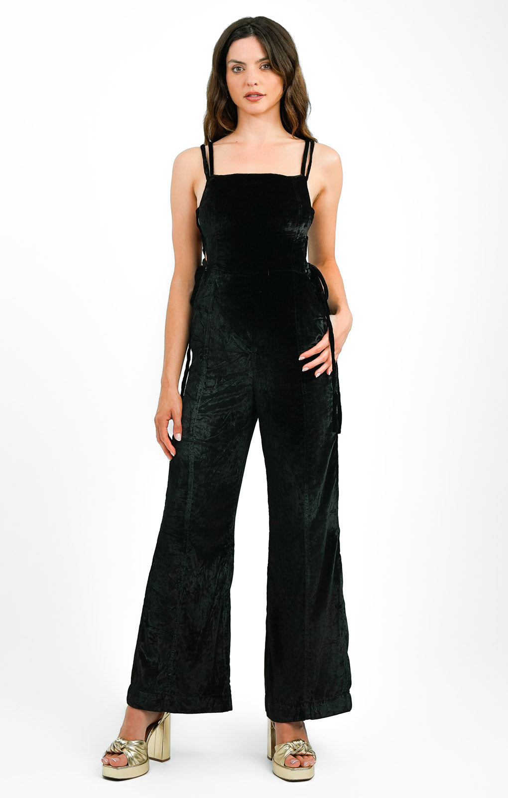 Free People Velvet Tie-Side Dungaree Jumpsuit In Black