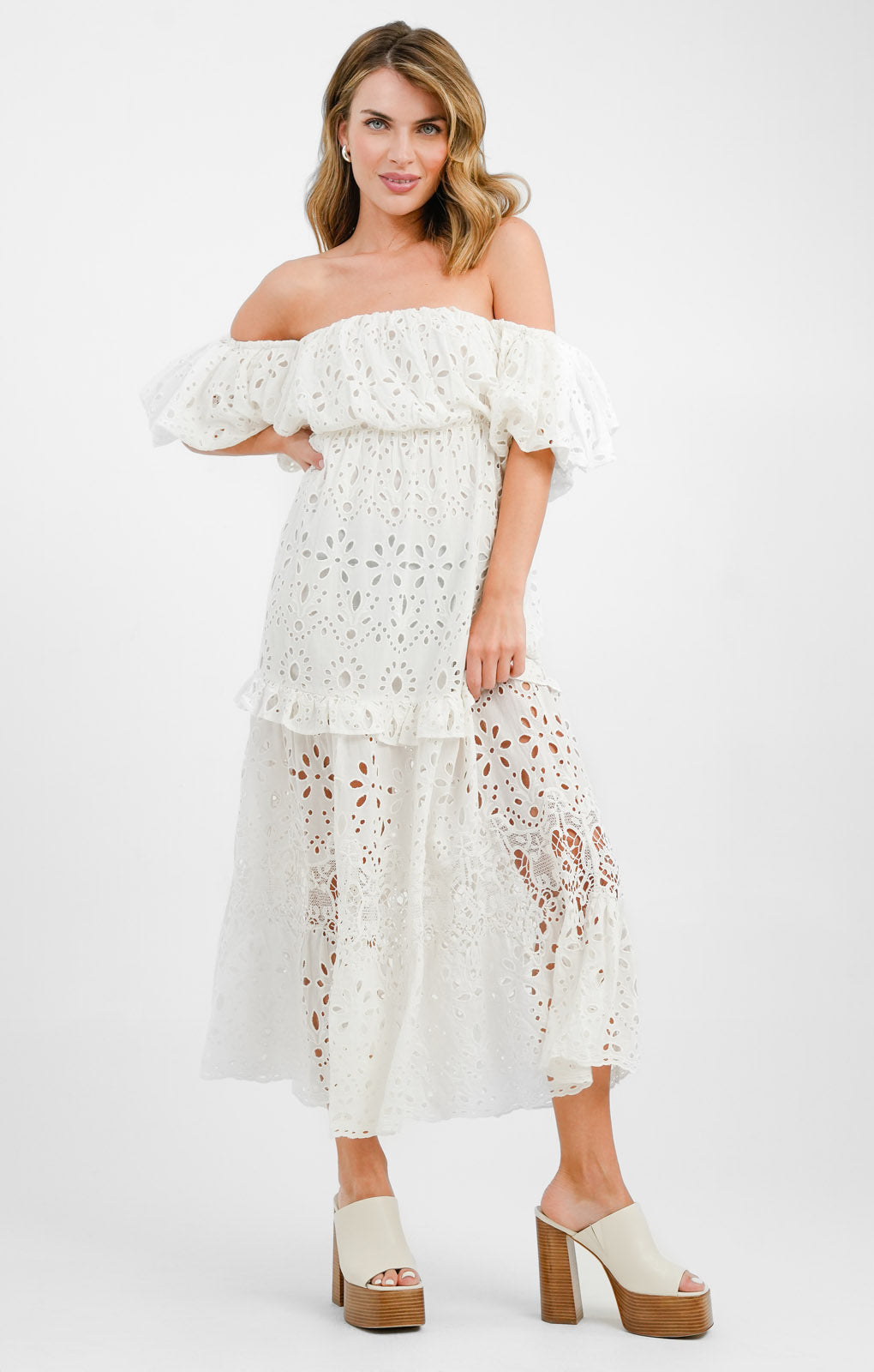 ASOS EDITION Blouson Off Shoulder Tiered Broderie Midi Dress In White