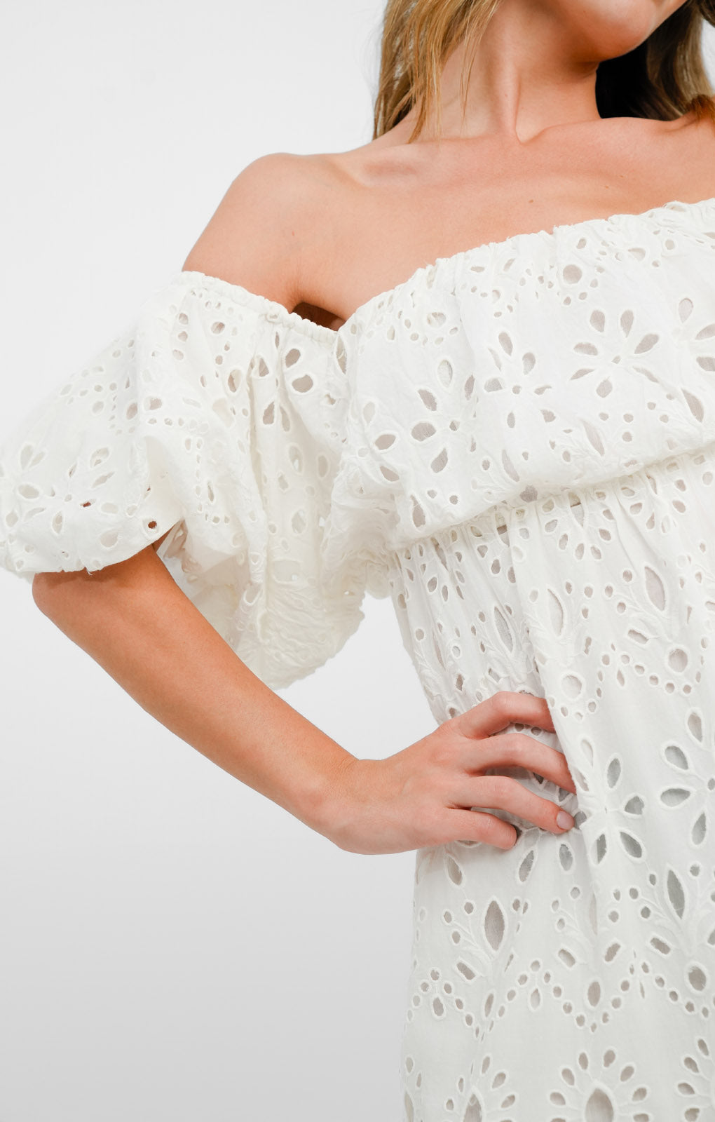 ASOS EDITION Blouson Off Shoulder Tiered Broderie Midi Dress In White