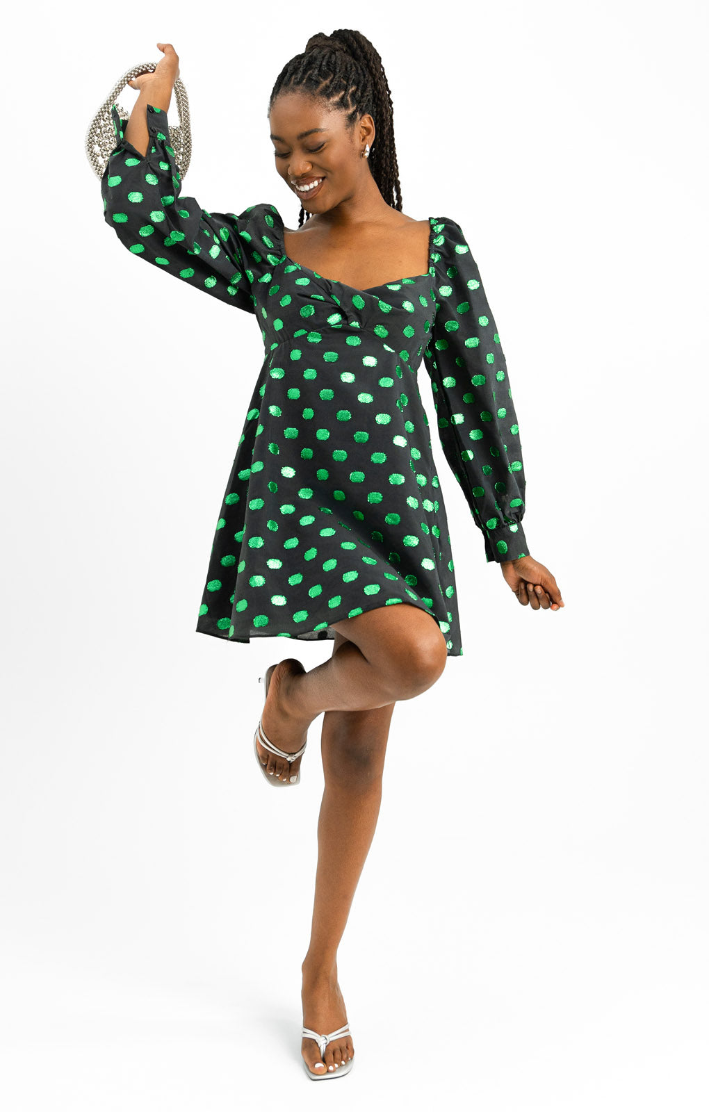 Nobody's Child Mary Babydoll Mini Dress In Emerald Green Taffeta Spot