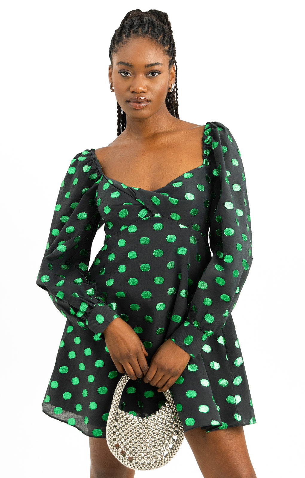 Nobody's Child Mary Babydoll Mini Dress In Emerald Green Taffeta Spot