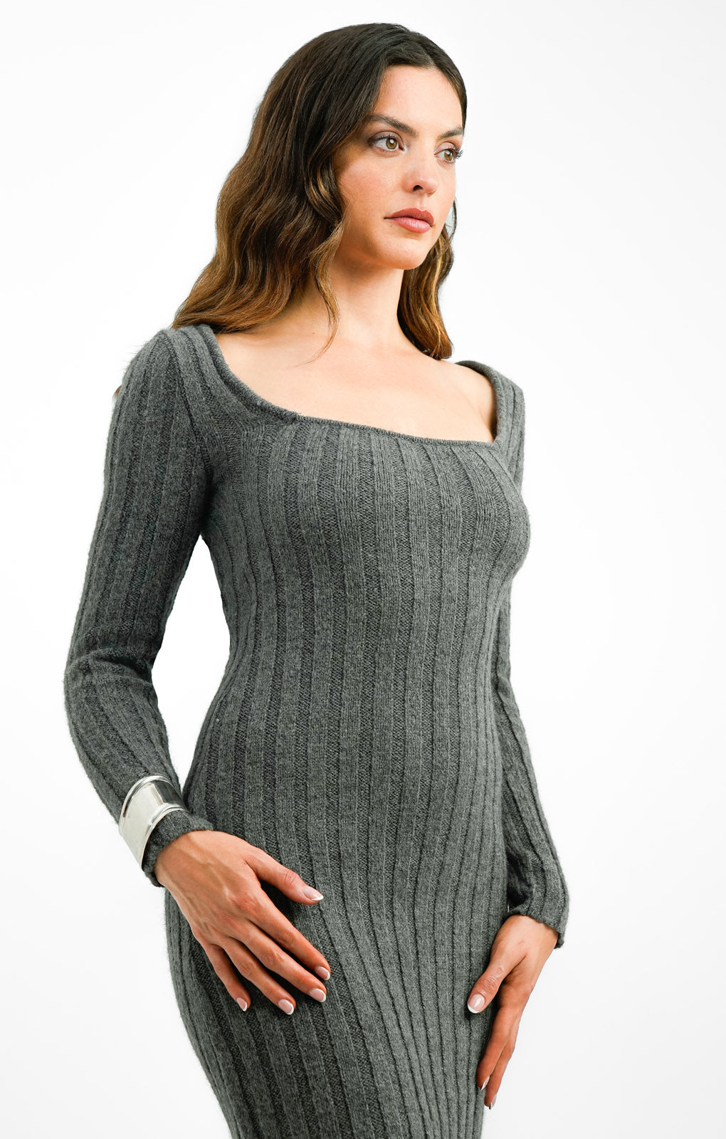 Edited Square Neck Fitted Jumper Dress In Charcoal
