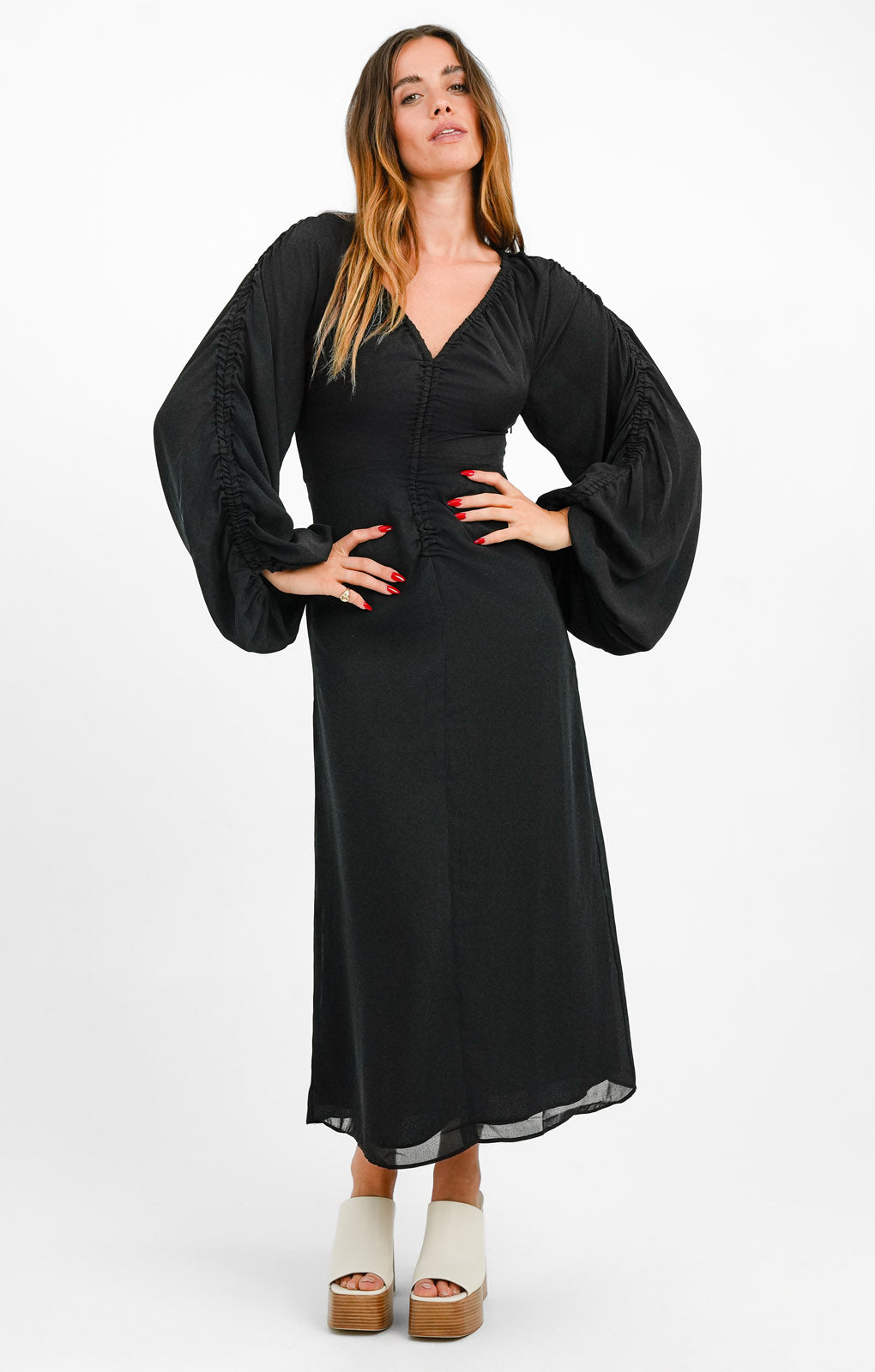 Topshop Gathered Sleeve Ruched Midi Dress In Black