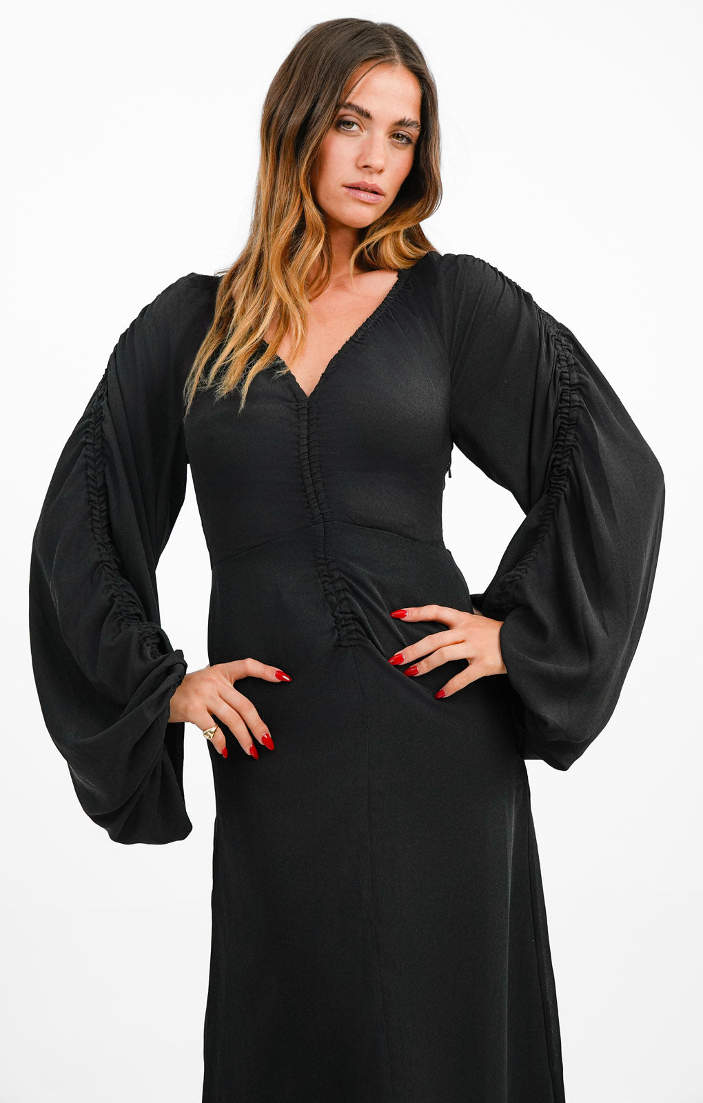 Topshop Gathered Sleeve Ruched Midi Dress In Black
