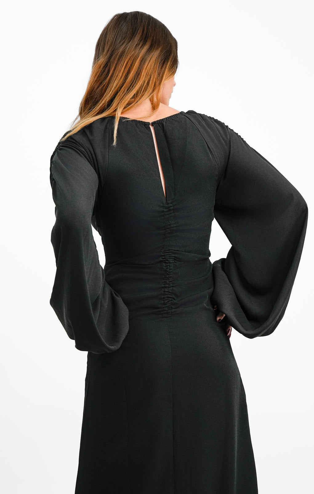 Topshop Gathered Sleeve Ruched Midi Dress In Black