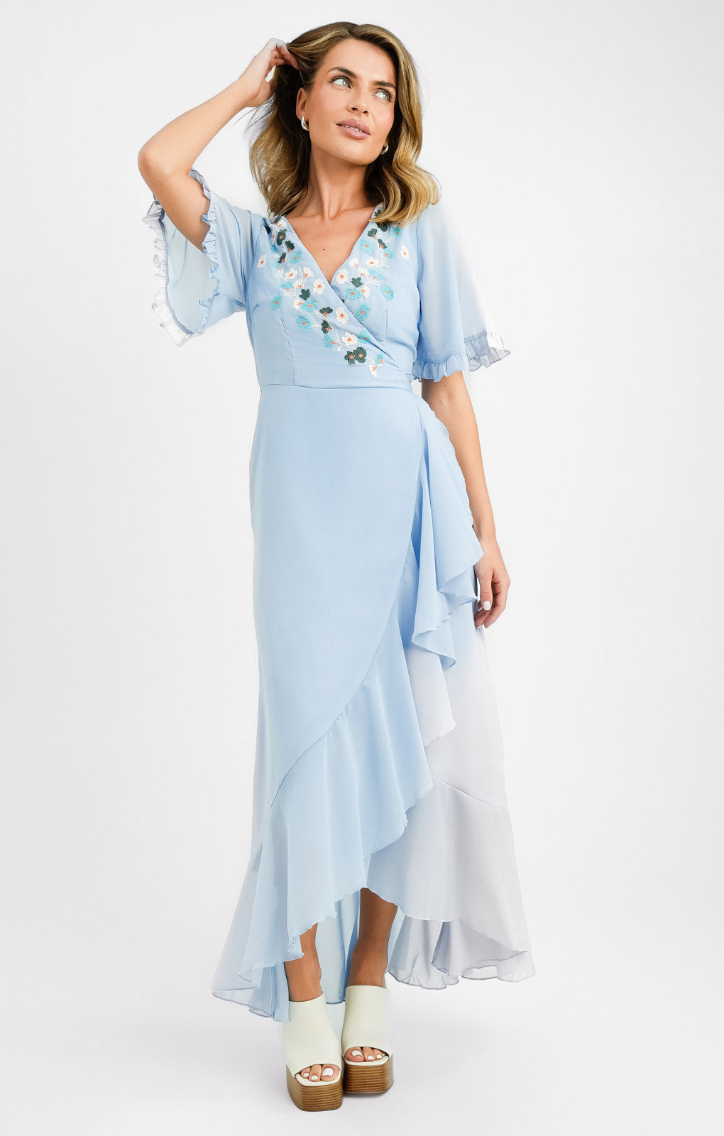 Rent Maya Embroidered Wrap Dress In Baby Blue | Hirestreet Rent Maya Embroidered Wrap Dress In Baby Blue | Hirestreet