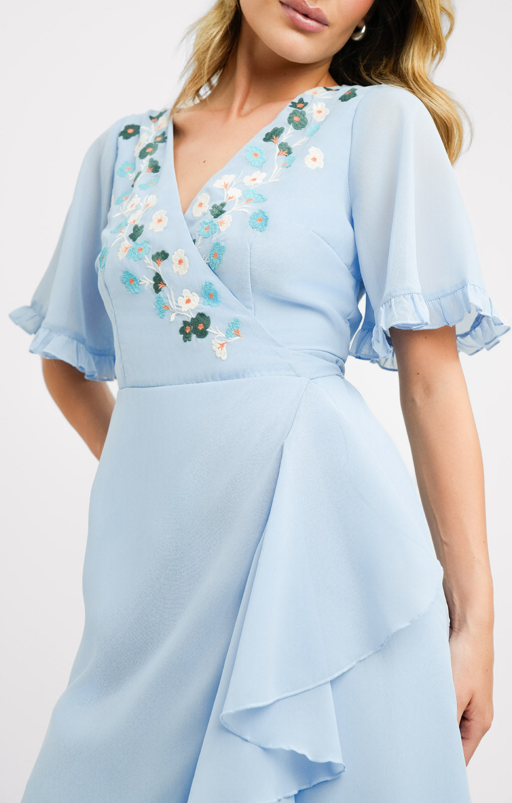 Rent Maya Embroidered Wrap Dress In Baby Blue | Hirestreet Rent Maya Embroidered Wrap Dress In Baby Blue | Hirestreet