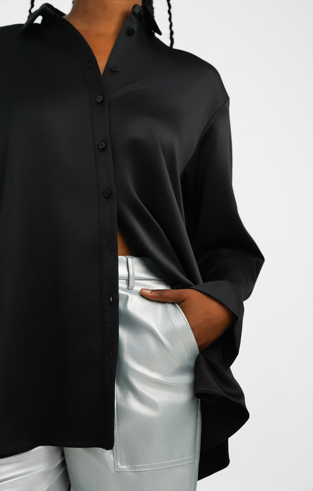 Topshop Satin Oversized Shirt In Black