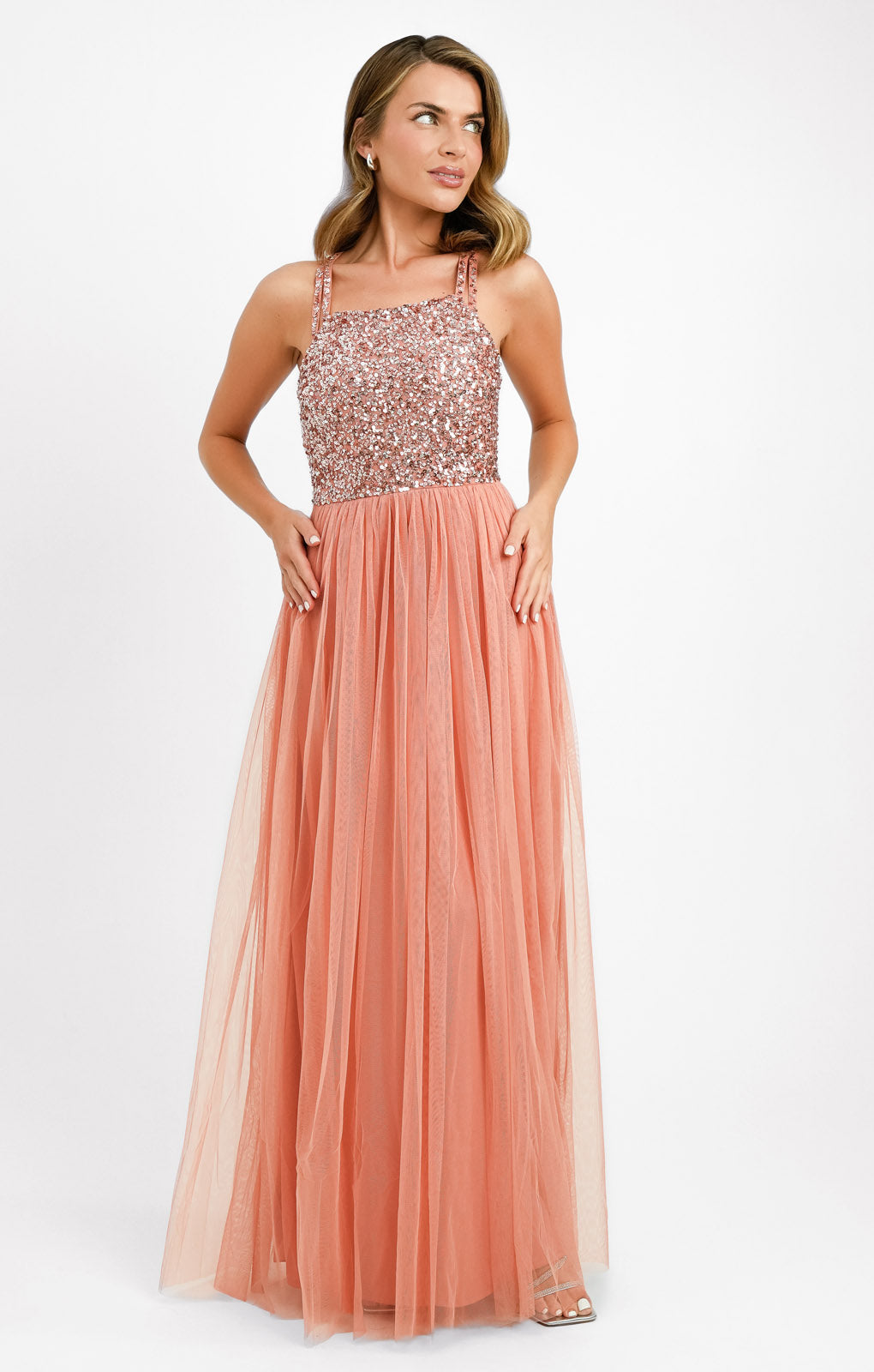 maya pink sequin dress Pink sequin and net evening dress by Maya Deluxe size UK 16