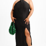 ASOS DESIGN Curve Exclusive Satin Plisse Twist Halterneck Midi Dress In Black