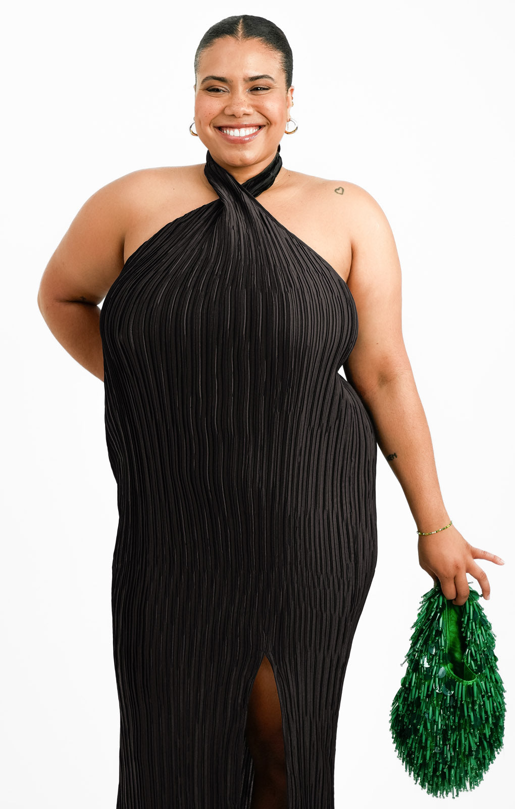 ASOS DESIGN Curve Exclusive Satin Plisse Twist Halterneck Midi Dress In Black