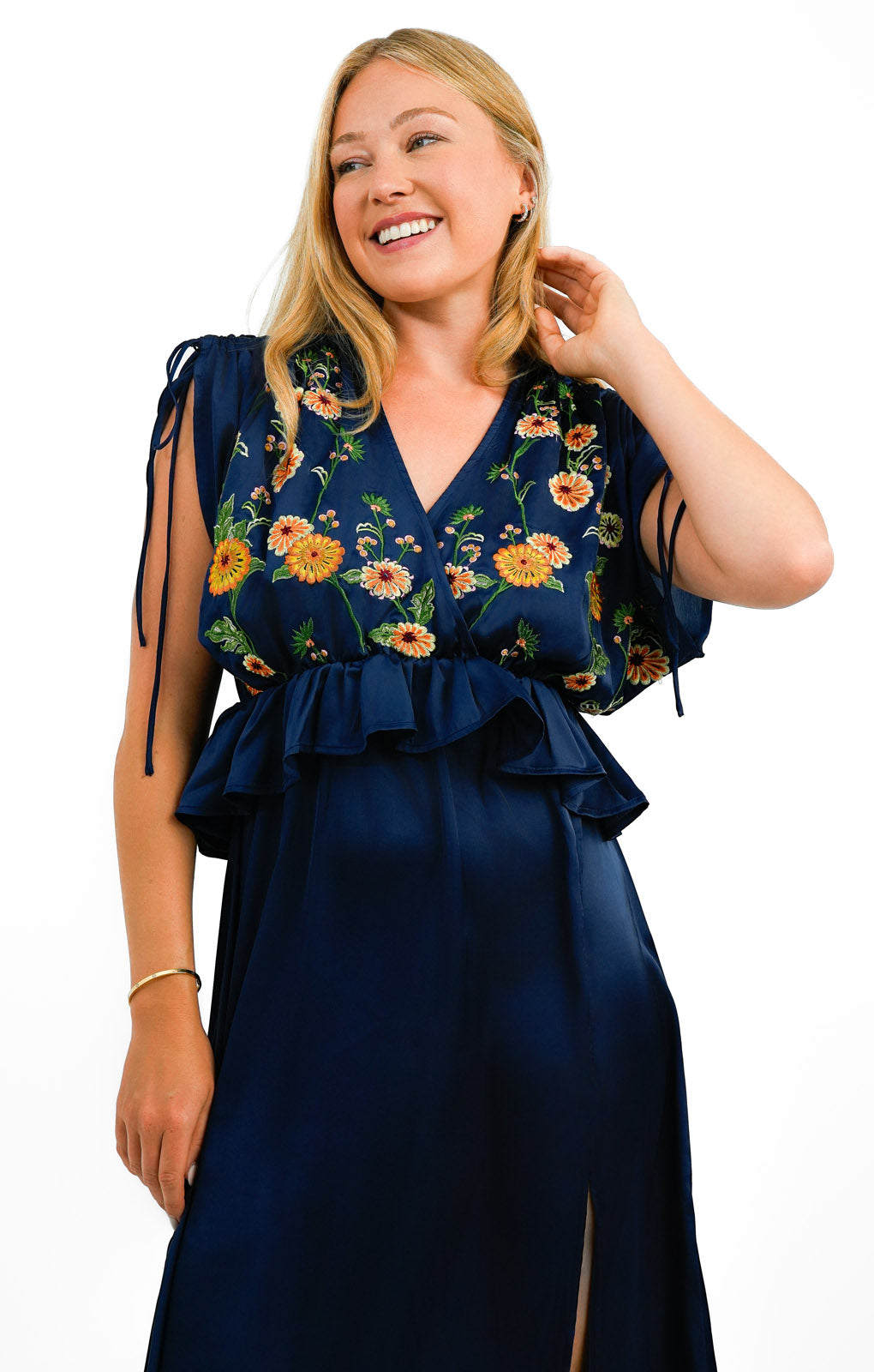 ASOS DESIGN Embroidered Satin Midi Dress With Frill Waist In Navy ASOS DESIGN Embroidered Satin Midi Dress With Frill Waist In Navy