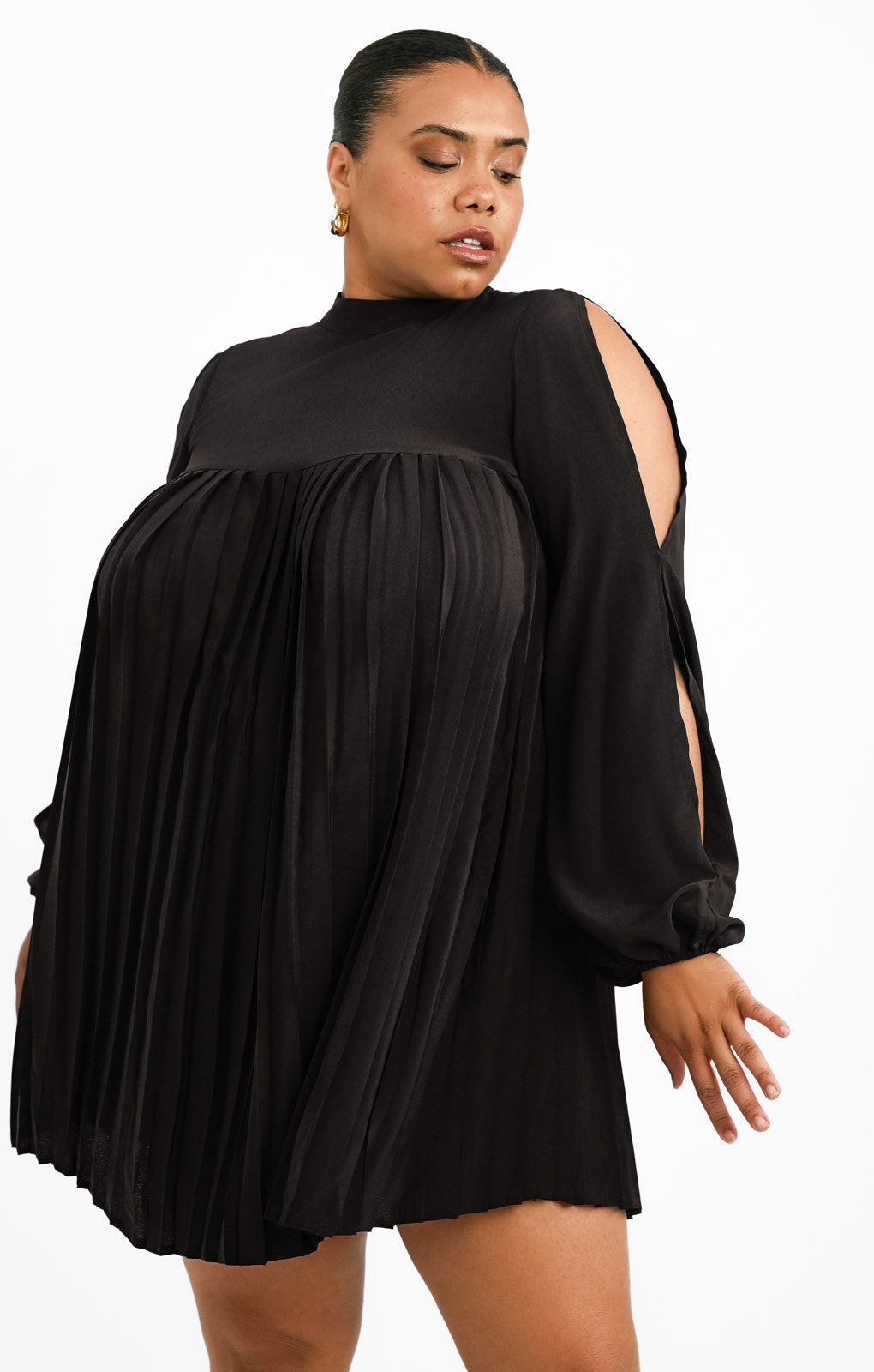 ASOS DESIGN Curve High Neck Pleated Trapeze Mini Dress With Split Sleeves In Black