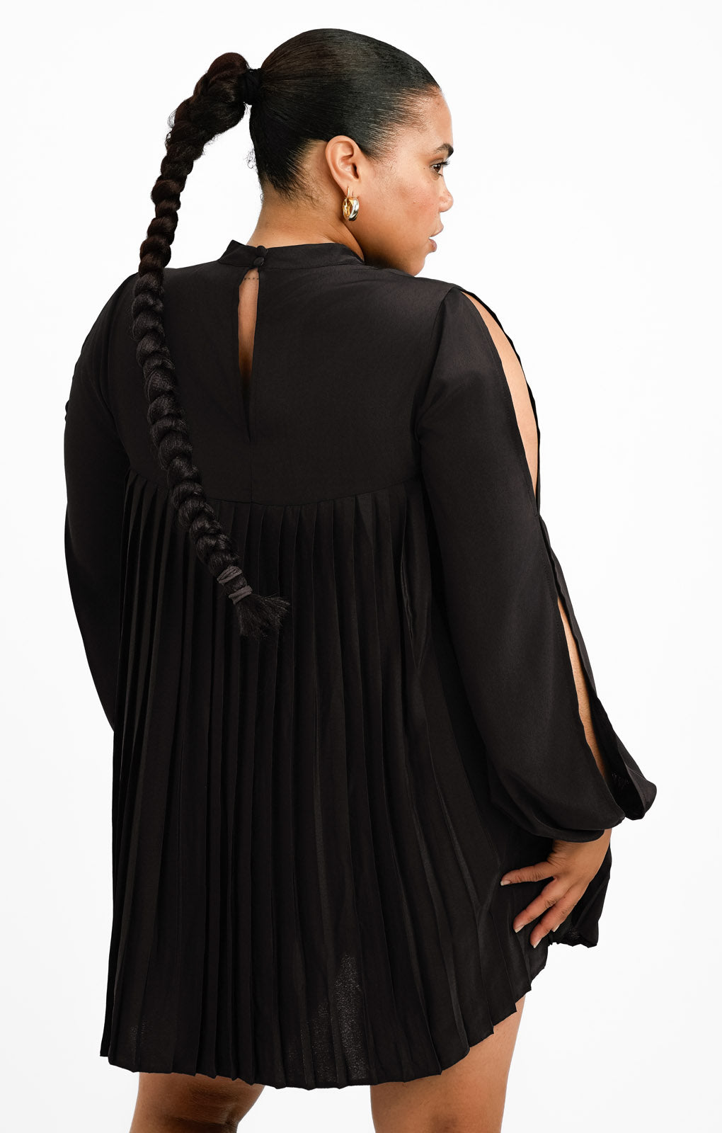 ASOS DESIGN Curve High Neck Pleated Trapeze Mini Dress With Split Sleeves In Black