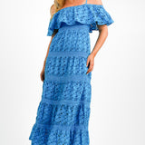 Topshop Strappy Broderie Maxi Dress With Frill Neck In Blue