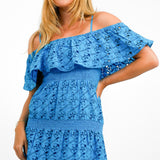 Topshop Strappy Broderie Maxi Dress With Frill Neck In Blue