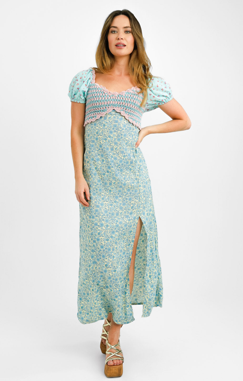 ASOS DESIGN Petite Crochet Bardot Midi Dress In Ditsy And Stripe Mix Print