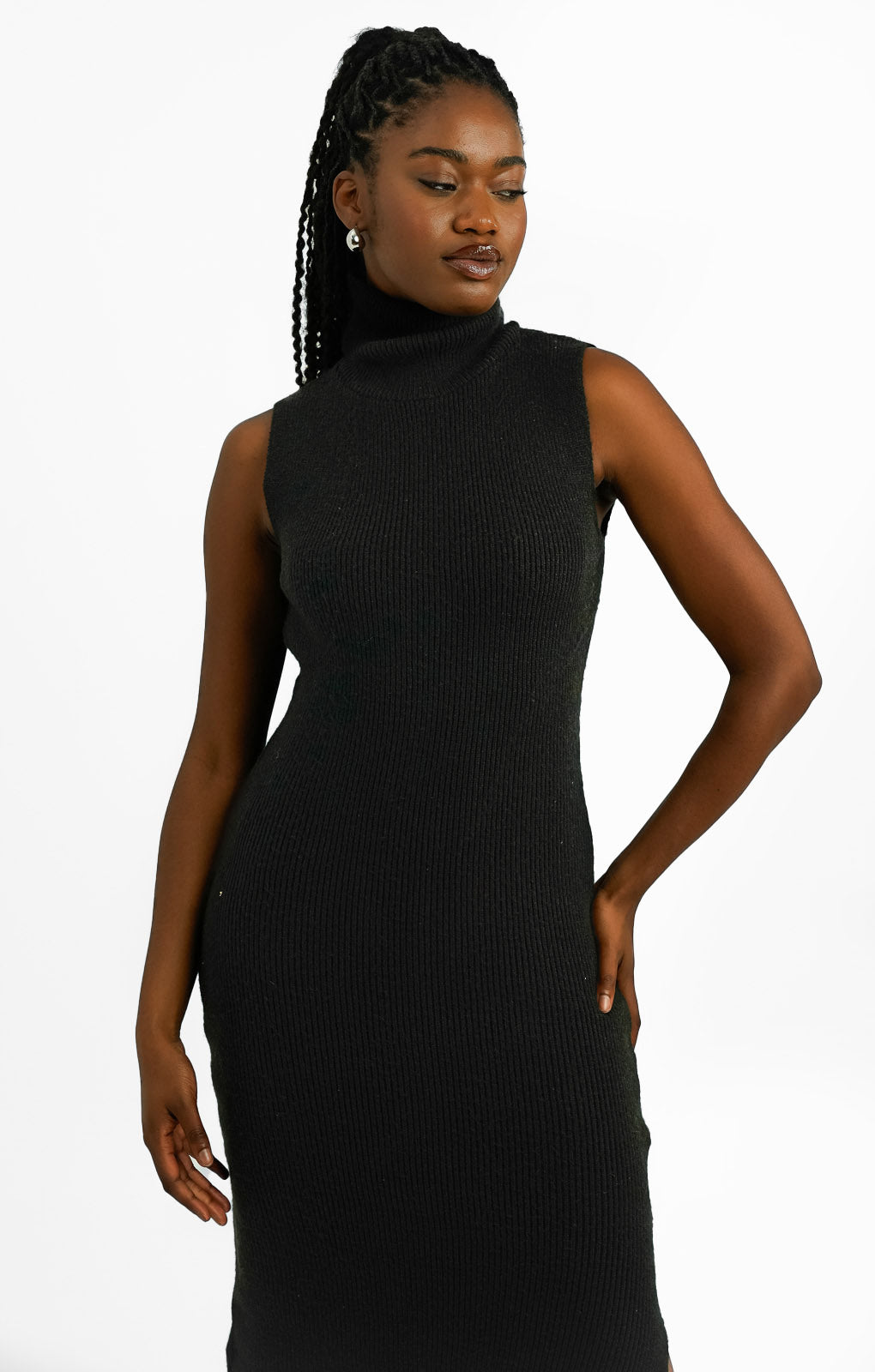 Topshop Knitted Sleeveless Funnel Midi Dress In Black