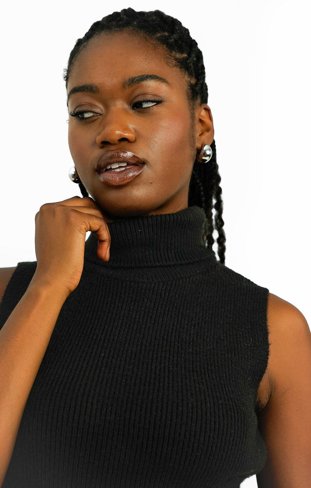 Topshop Knitted Sleeveless Funnel Midi Dress In Black