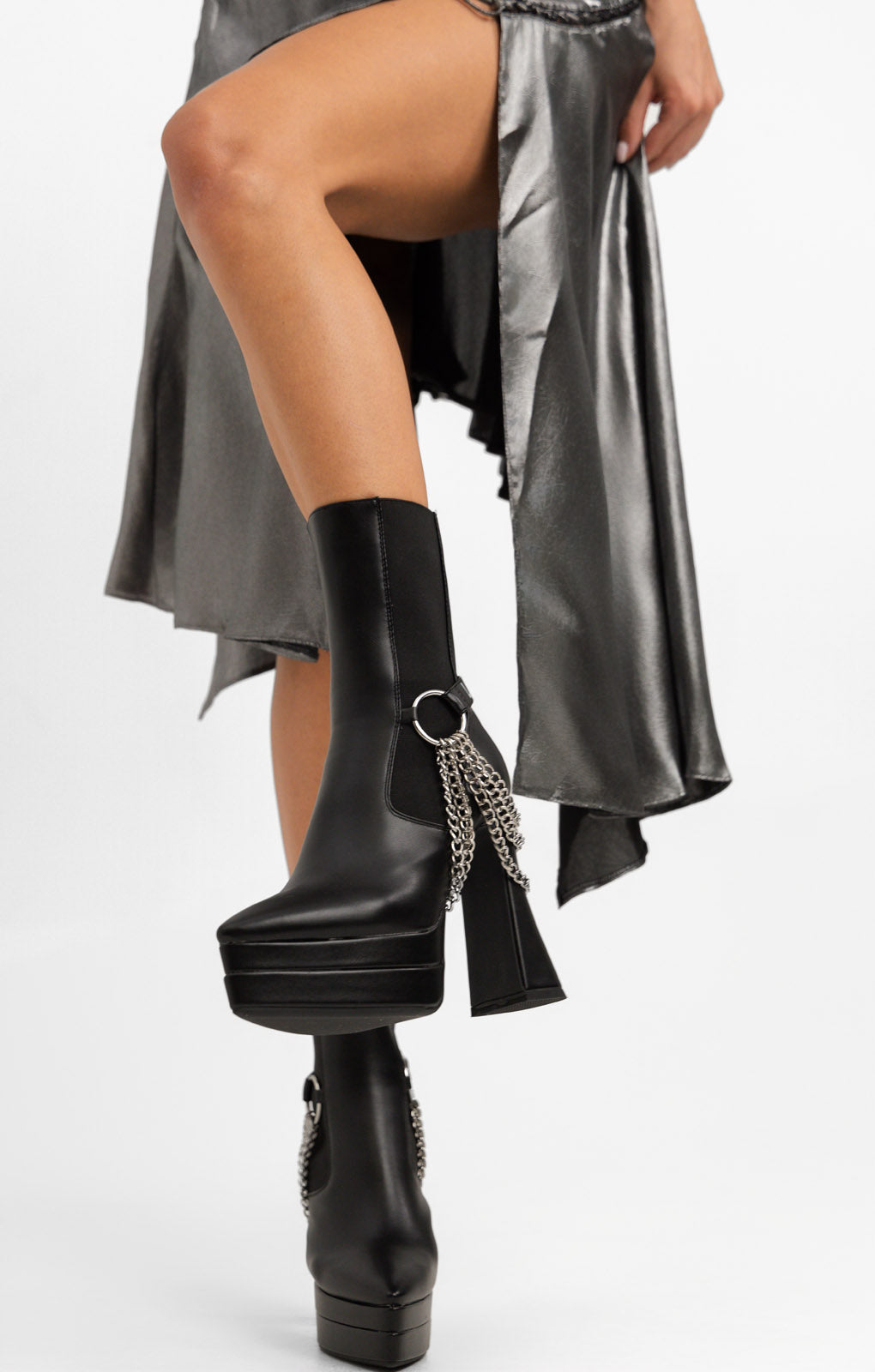 Lamoda Crown Heeled Platform Boots With Chain Detail In Black