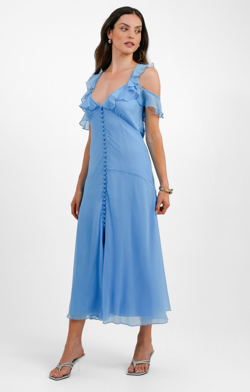 ASOS DESIGN Multi Flutter Sleeve Ruffle Midaxi Dress With Button Detail In Blue