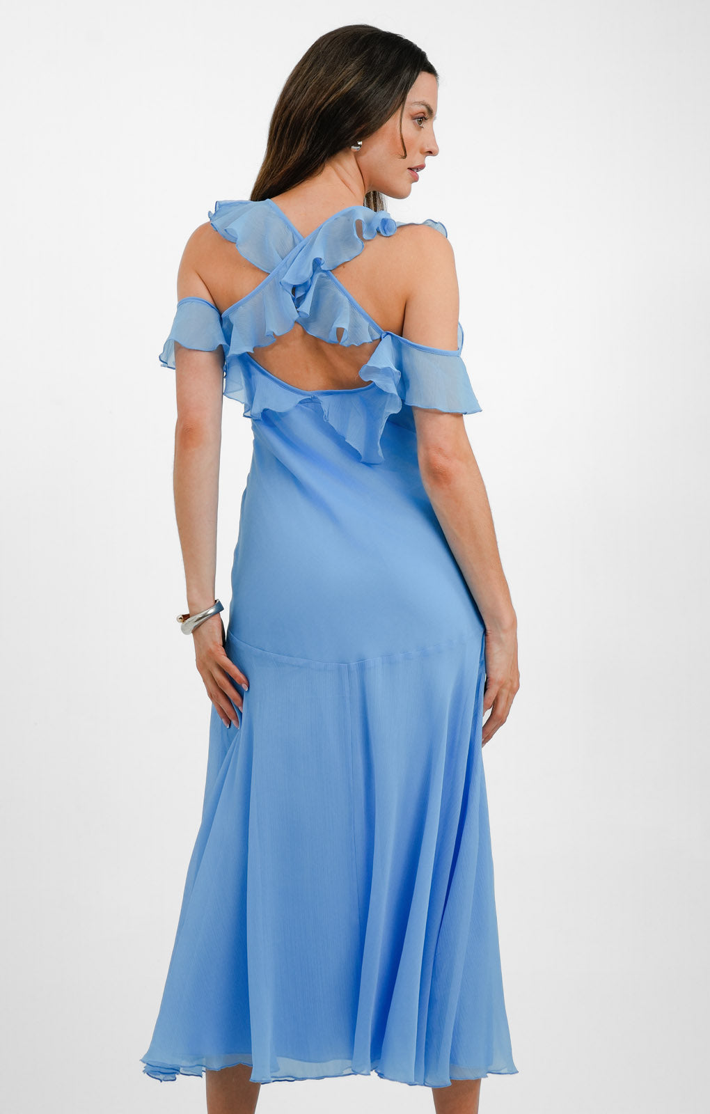 ASOS DESIGN Multi Flutter Sleeve Ruffle Midaxi Dress With Button Detail In Blue