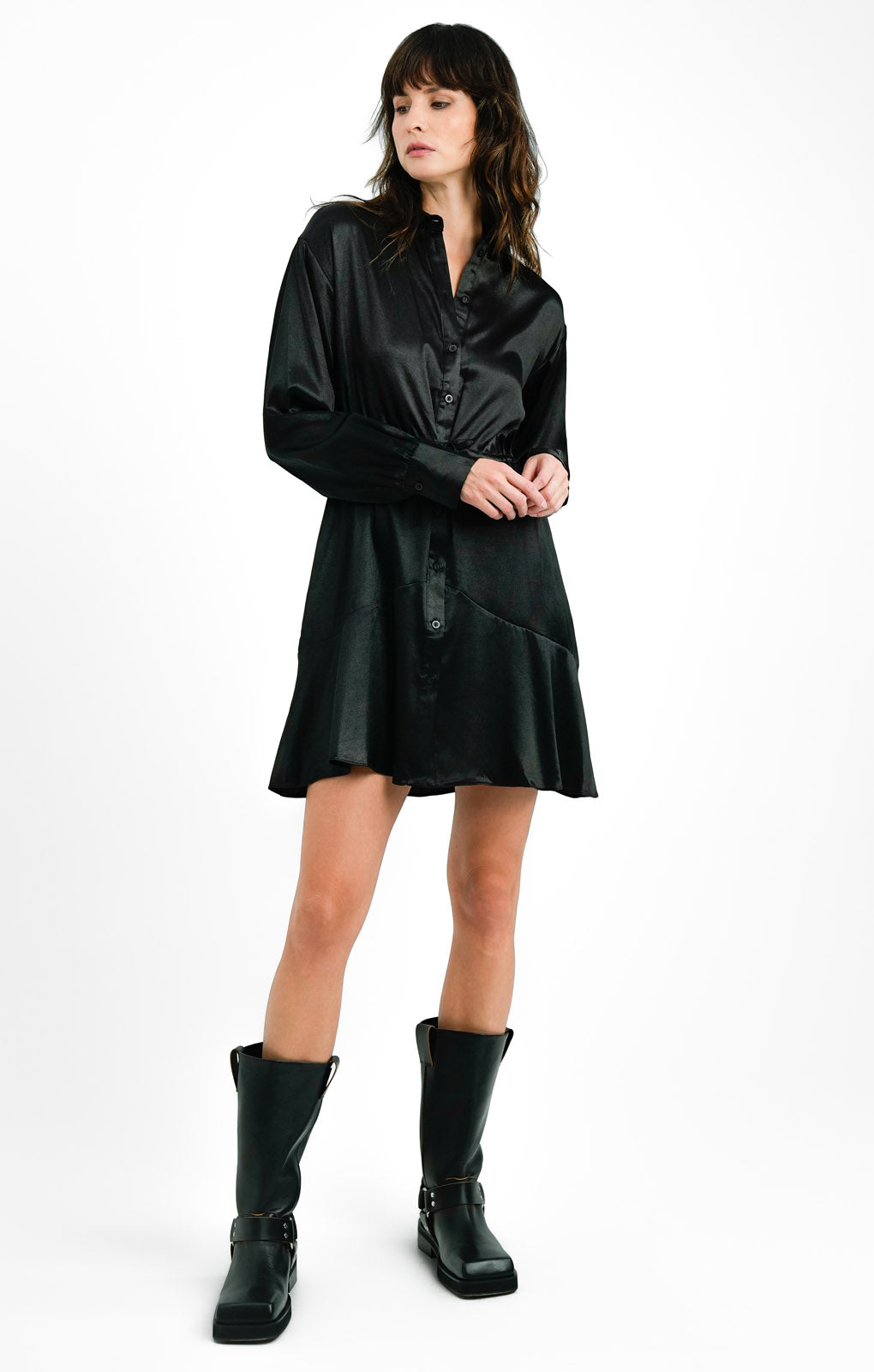 Topshop Tall Satin Tie Mini Shirtdress In Black